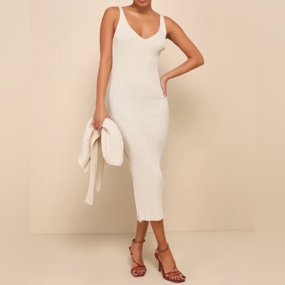 Lulus Beige Ribbed Dress & Cardigan Set - Picture 4 of 7